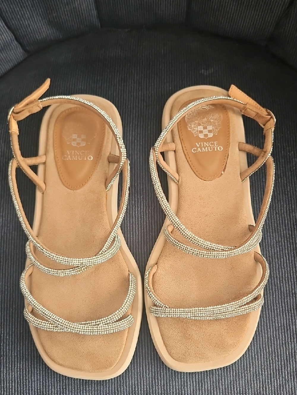 Vince Camuto Tan Strappy Sandals with Gold Beaded Accents